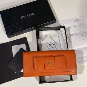 Prada Saffiano Bow Wallet  Color:Papaya